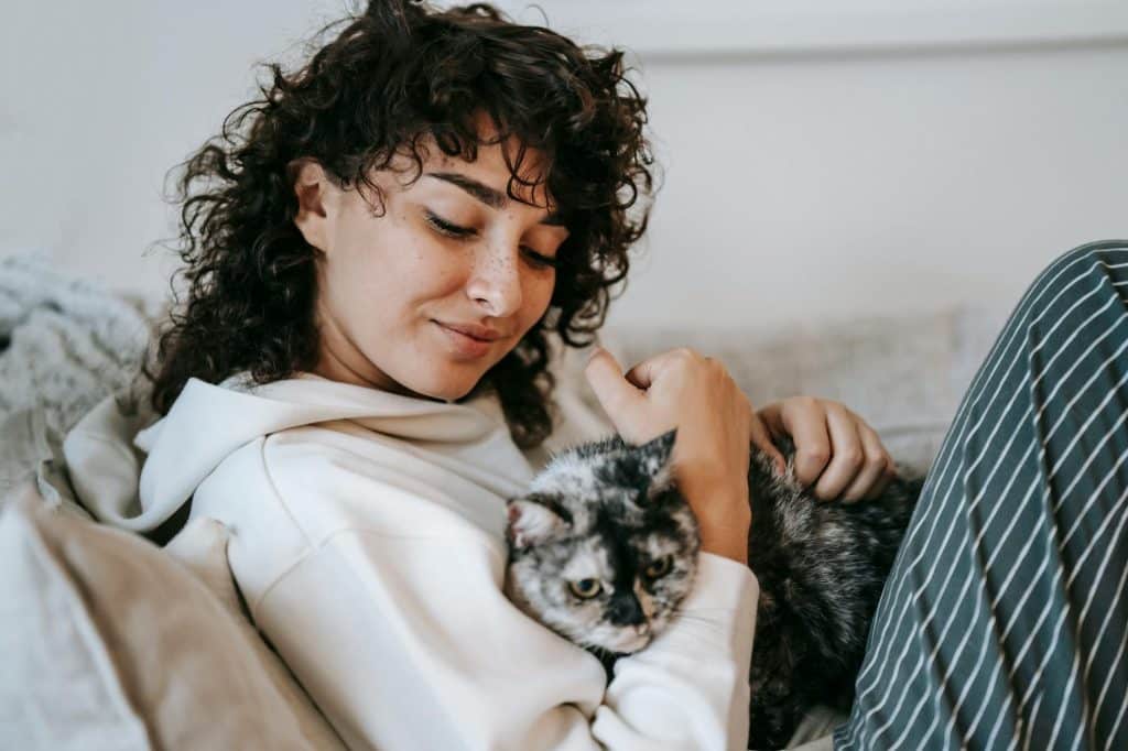 Side view of adult content female cuddling and caressing cute cat while resting on soft couch at home